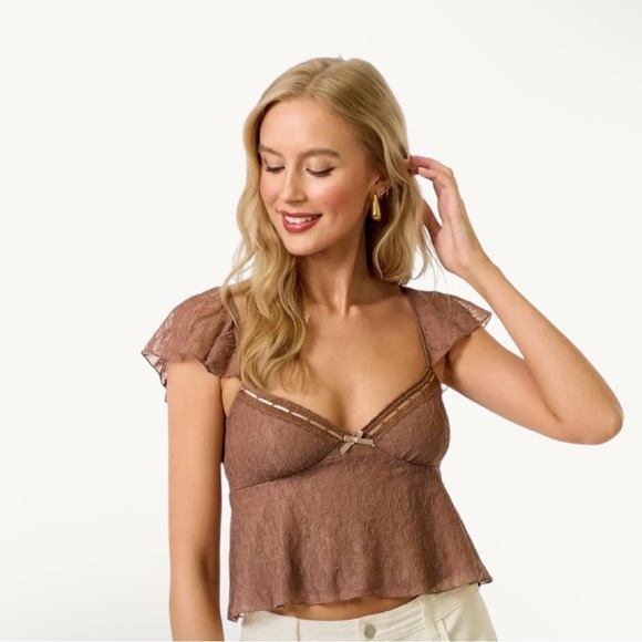 Chic Brown Ruffle Sleeve Crop Top - Picture 4 of 5
